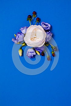 Wedding cards or celebrating anniversary, flowers flat lay