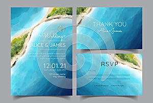 Wedding cards, invitations. Save the date ocean and island style designs. Romantic seaside summer wedding background