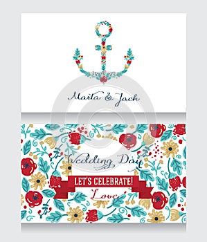 Wedding cards template with flowers formed anchor