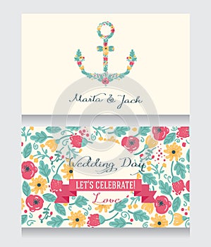 Wedding cards template with flowers formed anchor