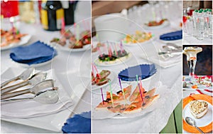 Wedding catering collage - food and crockery for rehearsal dinner.