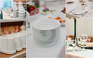 Wedding catering collage - food and crockery for rehearsal dinner.