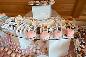 Wedding catering food. mini canapes food. tasty dessert. Beautiful decorat catering banquet table. snacks and appetizers. wedding