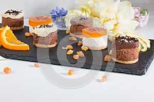 Wedding catering food. mini mousse dessert on table. snacks and appetizers.