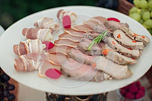 Wedding catering outdoor close up. food on buffet on wedding celebration