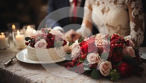 Wedding celebration bride and groom holding bouquet, enjoying gourmet dessert generated by AI