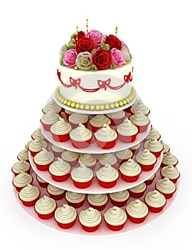 Wedding celebration cake with cupcakes