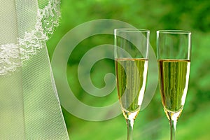Wedding celebration: champagne and wedding veil