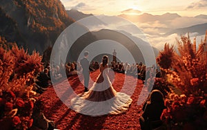 Wedding ceremony in the autumn mountains.