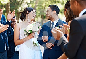 Wedding ceremony, couple and people clapping hands in celebration of love, romance and union. Happy, smile and bride