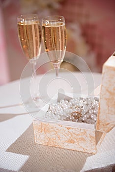 Wedding ceremony decoration, wedding glasses with champagne.