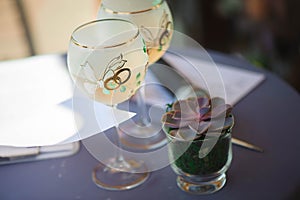 Wedding ceremony decoration, wedding glasses with champagne.