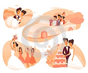 Wedding ceremony flat vector illustrations set