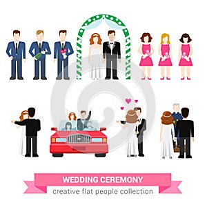Wedding ceremony flat vector people set: bride, groom, newlyweds