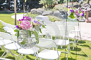 Wedding ceremony in garden.