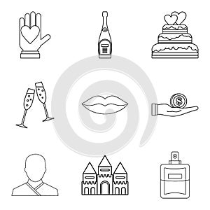 Wedding ceremony icons set, outline style