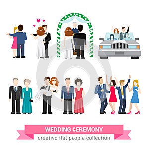 Wedding ceremony marriage flat vector: bride, groom, guests