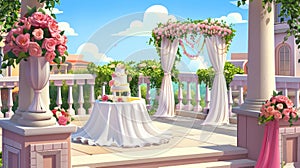 A wedding ceremony outside with an altar under an arch draped and decorated with flowers near a balcony. Abstract modern