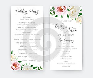 Wedding ceremony, party program. Floral editable vector template with watercolor style pink garden peony, cream white rose flowers