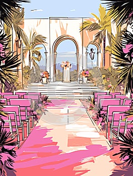 A Wedding Ceremony With Pink Chairs And Palm Trees - wedding setting where the ceremony will take place