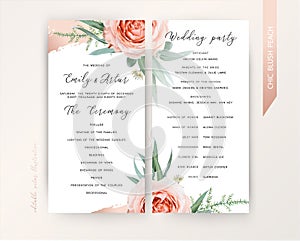 Wedding ceremony & program floral design. Blush peach rose flowers, greenery asparagus fern, eucalyptus leaves, cinnamon rose gold