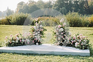 Wedding ceremony on the street on the green lawn.Decor with fresh flowers arches for the ceremony