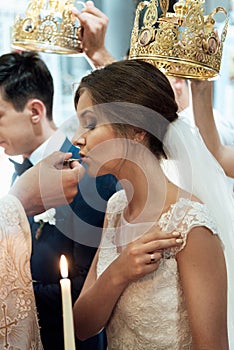 Wedding ceremony of stylish elegant bride and groom in the chu