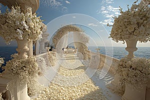 Wedding ceremony is taking place on beach with white archway leading