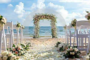 A wedding ceremony taking place on a sandy beach with white flowers decorating the venue, Beach wedding set up with white chairs