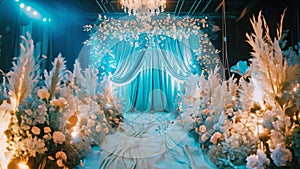 A wedding ceremony taking place under a blue drape adorned with flowers, Ethereal underwater-themed wedding