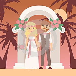 Wedding ceremony on tropical island, vector illustration. Romantic trip for newlywed couple. Bride and groom standing