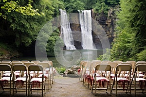 wedding chairs arranged for guests with a distant waterfall view