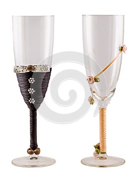 Wedding champagne glasses close up, isolated, white background