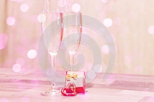 Wedding champagne glasses, romantic heart background