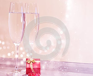 Wedding champagne glasses, romantic heart background