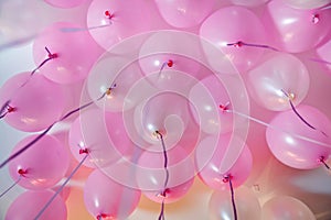 Wedding or children birthday party decoration interior . Helium balloons . Pink and white balloons float on the white ceiling in