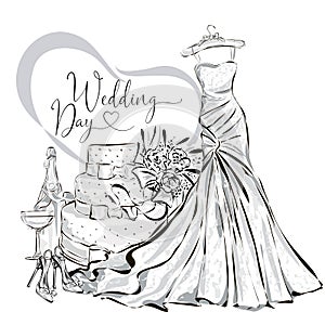 Wedding clip art set with beautiful wedding dress, wedding cake, champagne and flower bouquet, black and white wedding card or inv