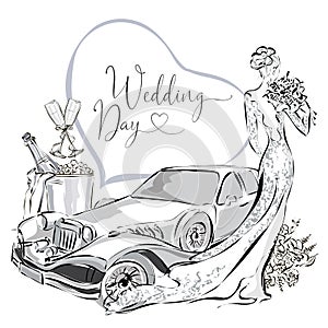 Wedding clipart set with beautiful bride, wedding limousine and champagne in ice bucket, black and white wedding greeting card or