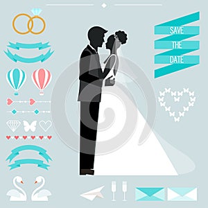 Wedding collection with bride, groom silhouette and romantic decorative elements