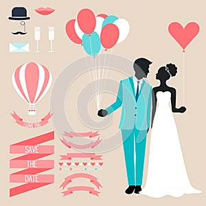 Wedding collection with bride, groom silhouette and romantic decorative elements on soft beige background