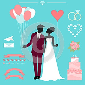 Wedding collection with bride, groom silhouette