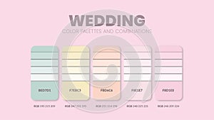 Wedding color scheme. Color Trends combinations and palette guide. Example of table color shades in RGB and HEX. Color swatch for