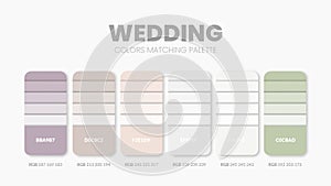 Wedding color scheme. Color Trends combinations and palette guide. Example of table color shades in RGB and HEX. Color swatch for