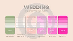 Wedding color scheme. Color Trends combinations and palette guide. Example of table color shades in RGB and HEX. Color swatch for