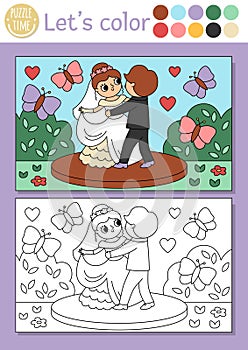 Wedding coloring page for children with cute dancing just married couple. Vector marriage ceremony color book for kids with bride