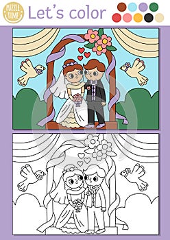 Wedding coloring page for children with cute just married couple under arch. Vector marriage ceremony color book for kids with