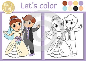 Wedding coloring page for children with cute just married couple. Vector marriage ceremony color book for kids with bride, groom