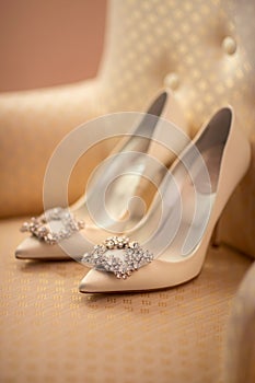 Wedding concept. luxury bride shoes