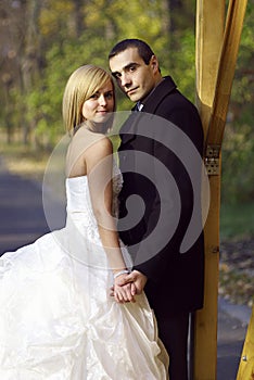 Wedding couple at the autumn park.Beautiful married couple in th