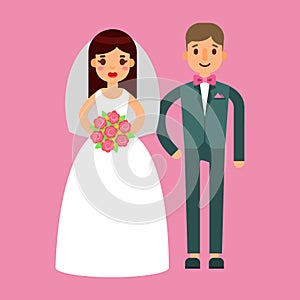 Wedding couple beautiful model girl in white dress and man in suit bride illustration